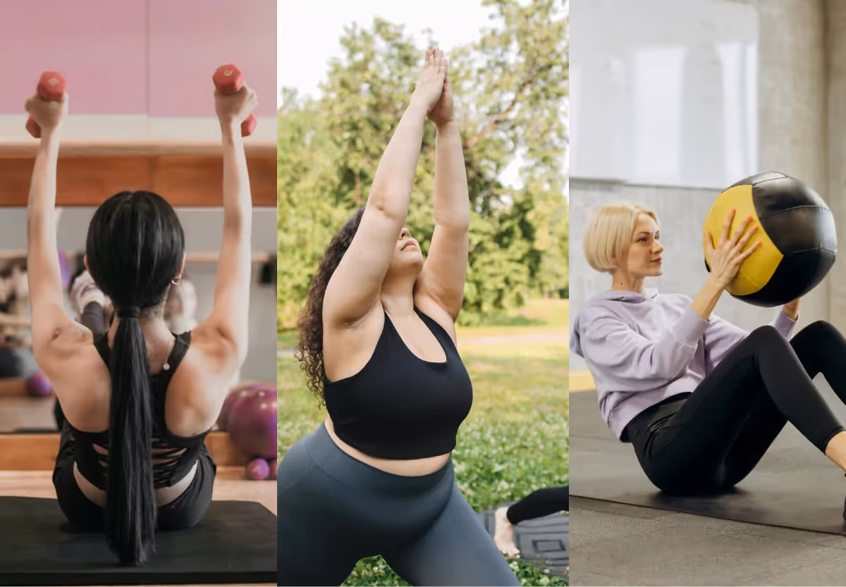 A split image with three pictures, one of the back of a person in a dark ponytail doing Barre, another of a person outdoors with curly hair doing yoga, and the third of a blond person with a bob cut doing pilates with an exercise ball and black exercise mat in a gym