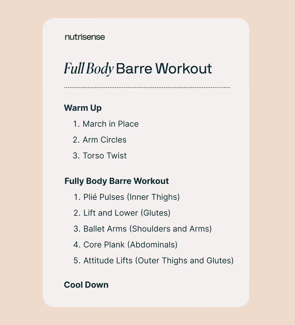 A beige backdrop with a cream text box on it and black text listing out a sample full body Barre workout