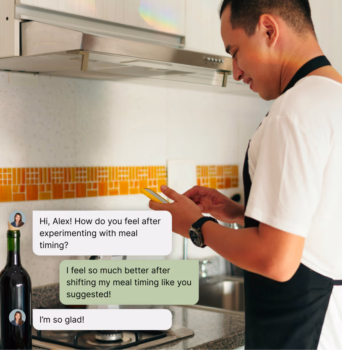 A person cooking in a kitchen and texting on their mobile at the same time. Text on the image is a sample exchange between them and their nutritionist