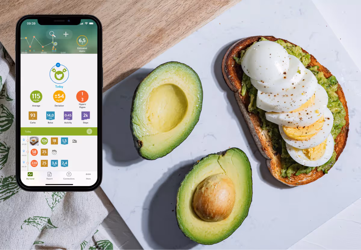 the mysugr app and an avocado toast