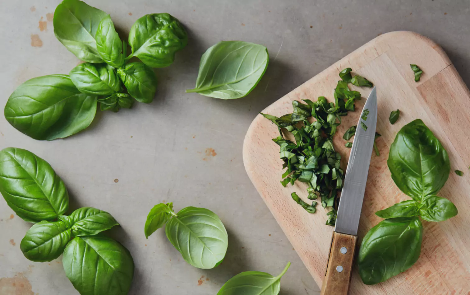 a leaves of basil and a knife on a cutting board