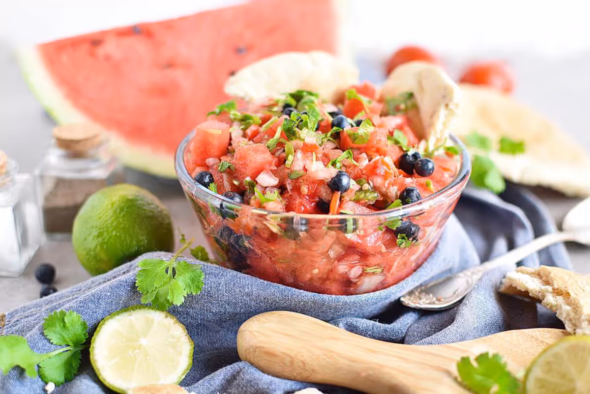 a bowl of watermelon blueberry salsa 