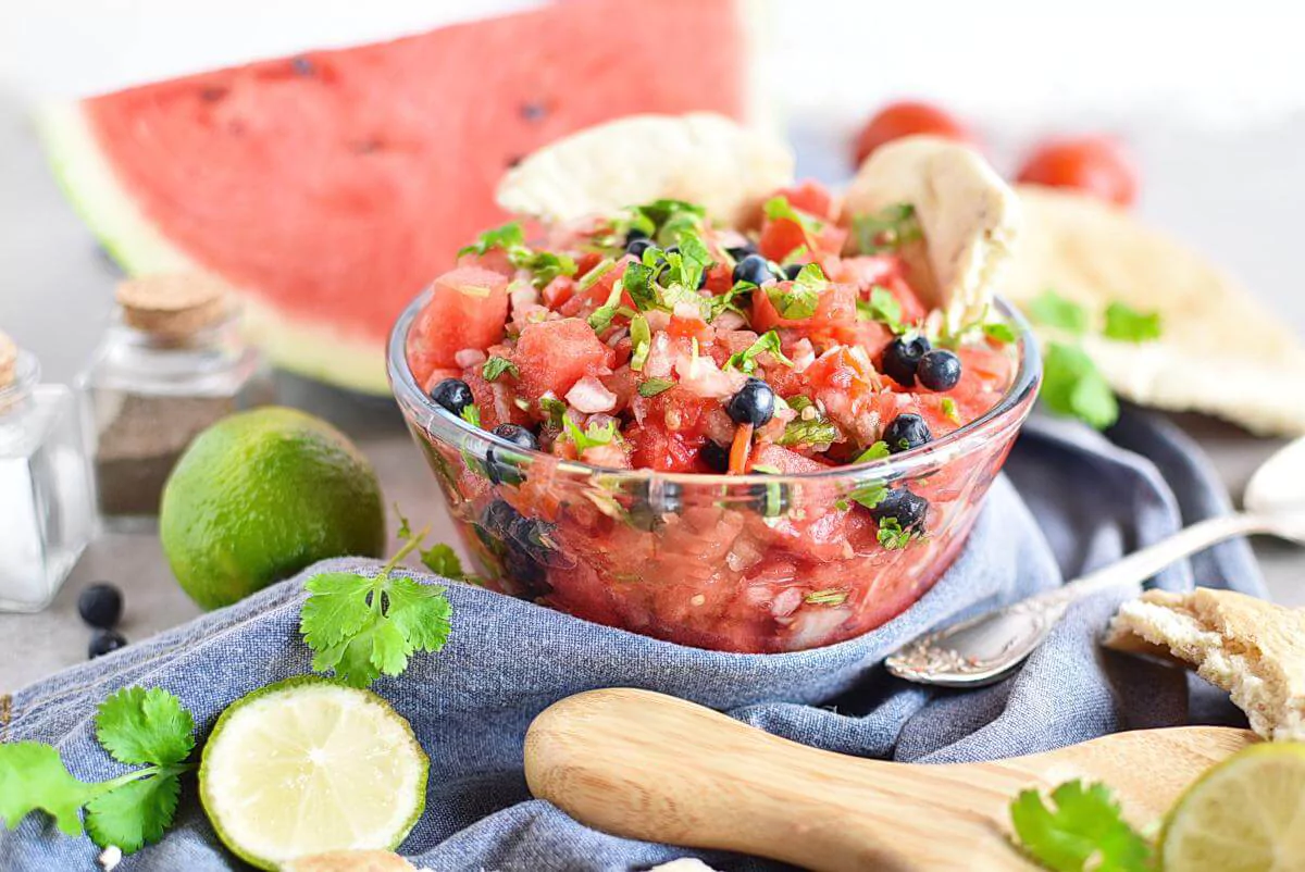 a bowl of watermelon blueberry salsa