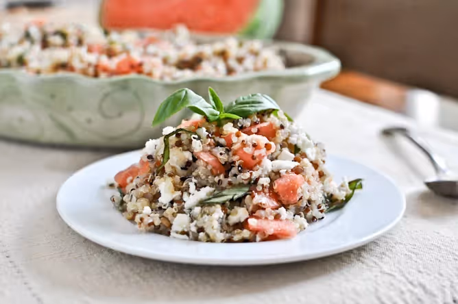 a plate of watermelon with quinoa