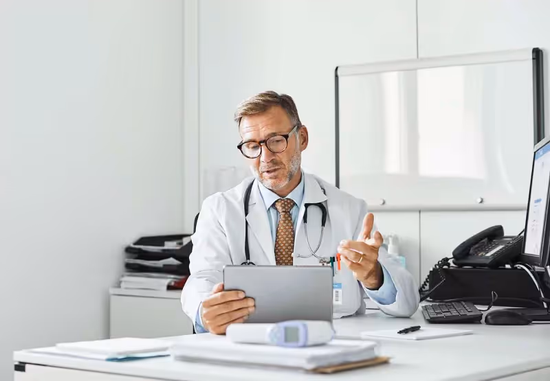 a doctor reading a medical report