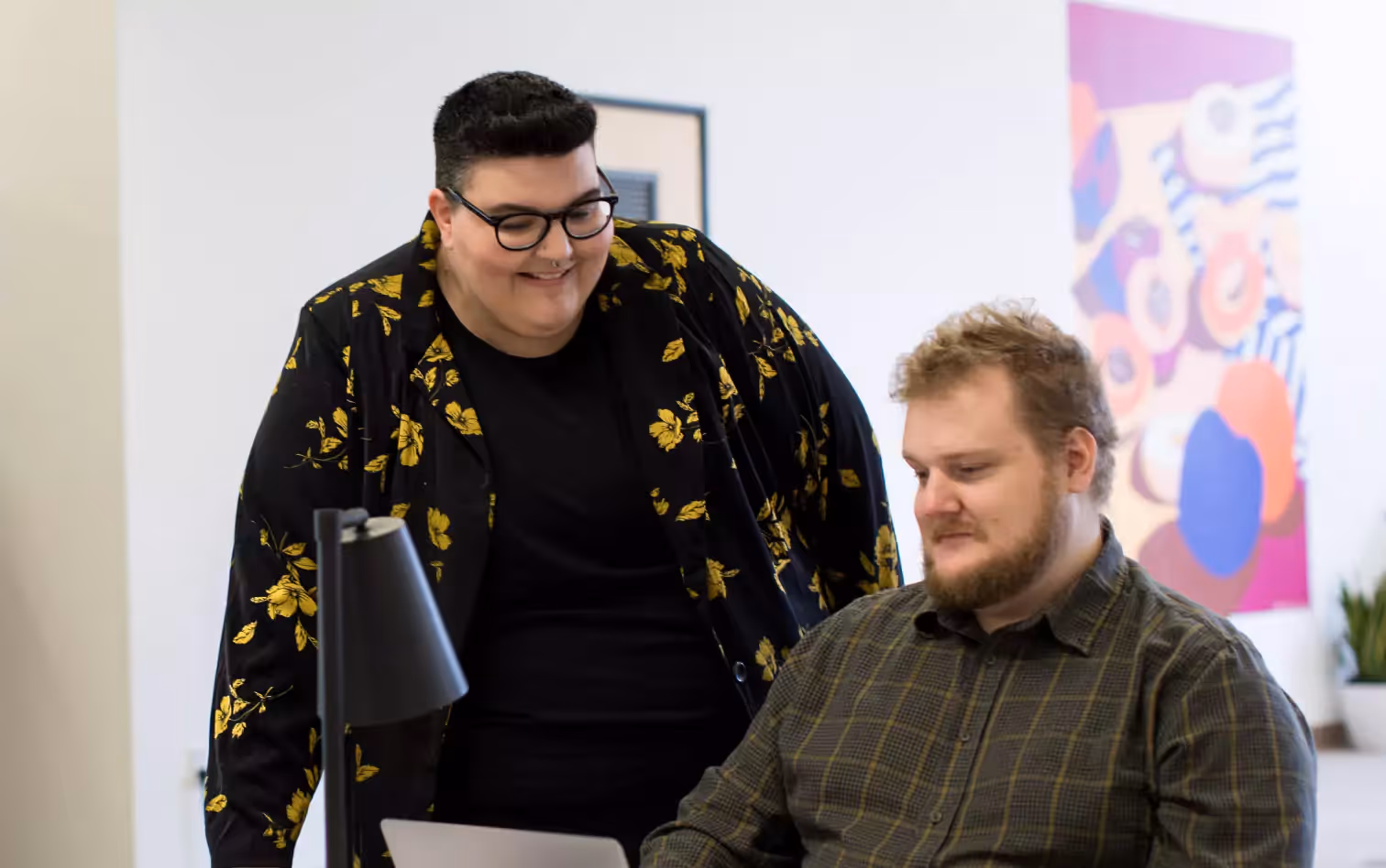 two overweight people talking