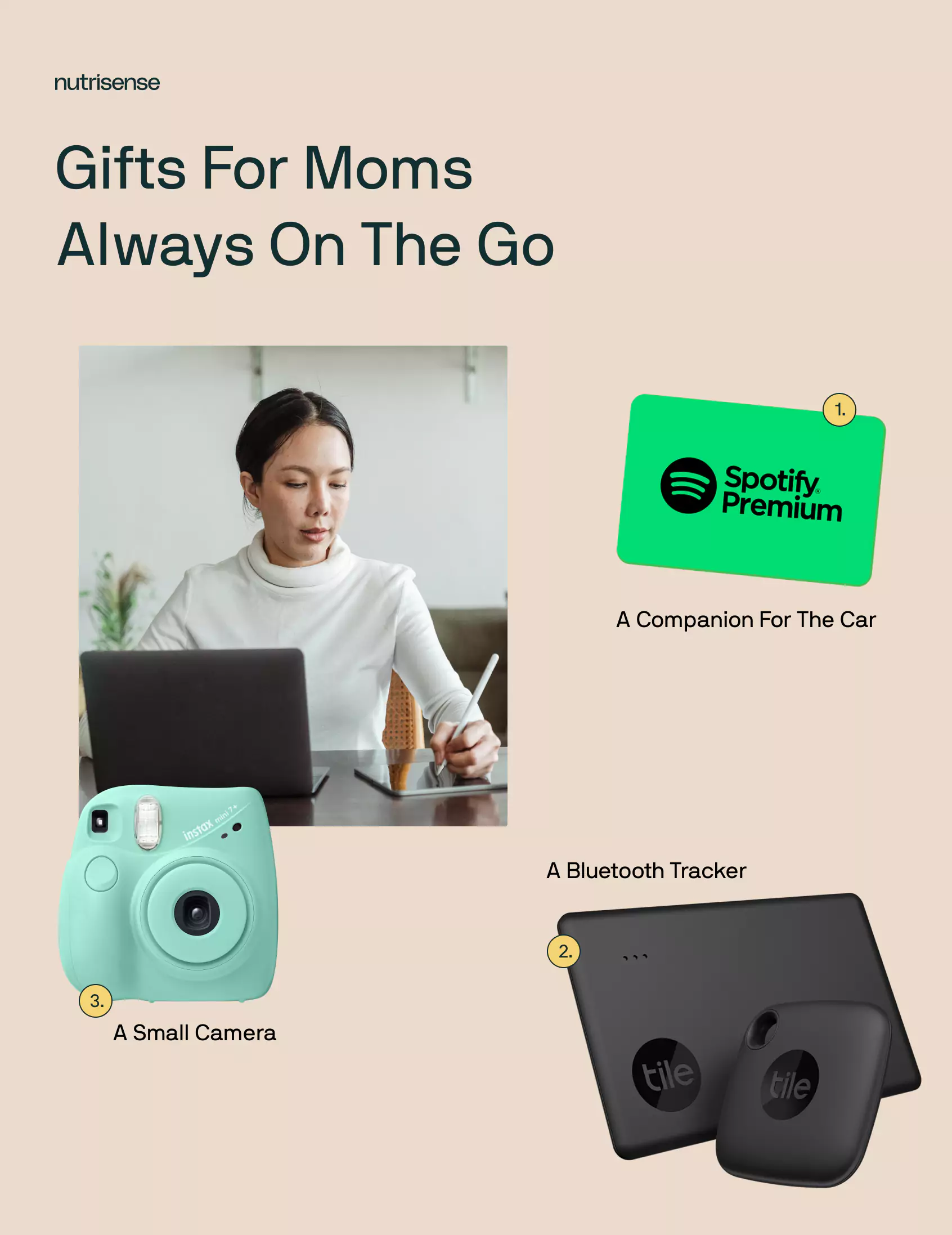 gifts For Moms Always On the Go: a Spotify subscription card, A Bluetooth Tracker, A Small Camera