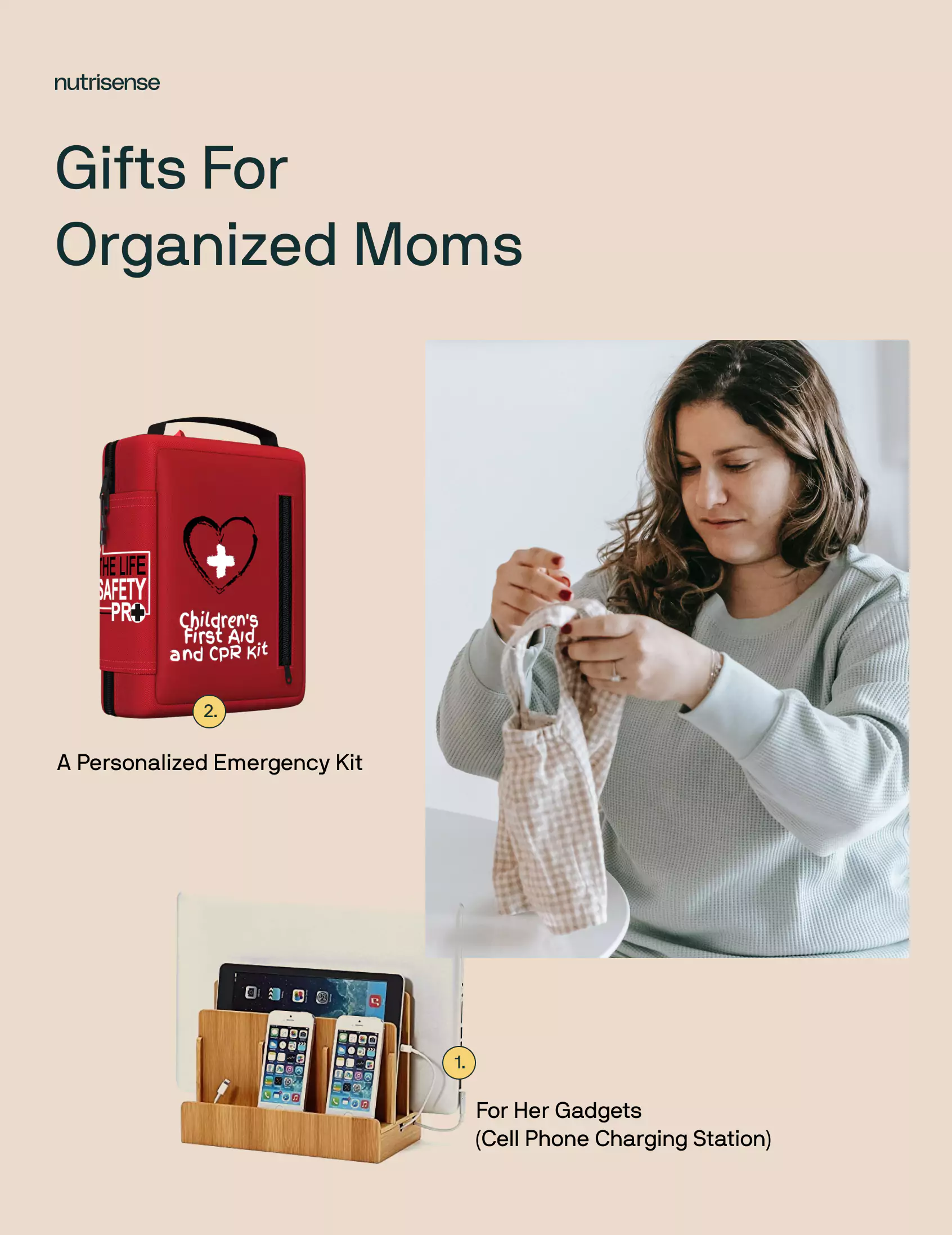gifts for For Organized Moms: a cell phone charging station, a small emergency kit