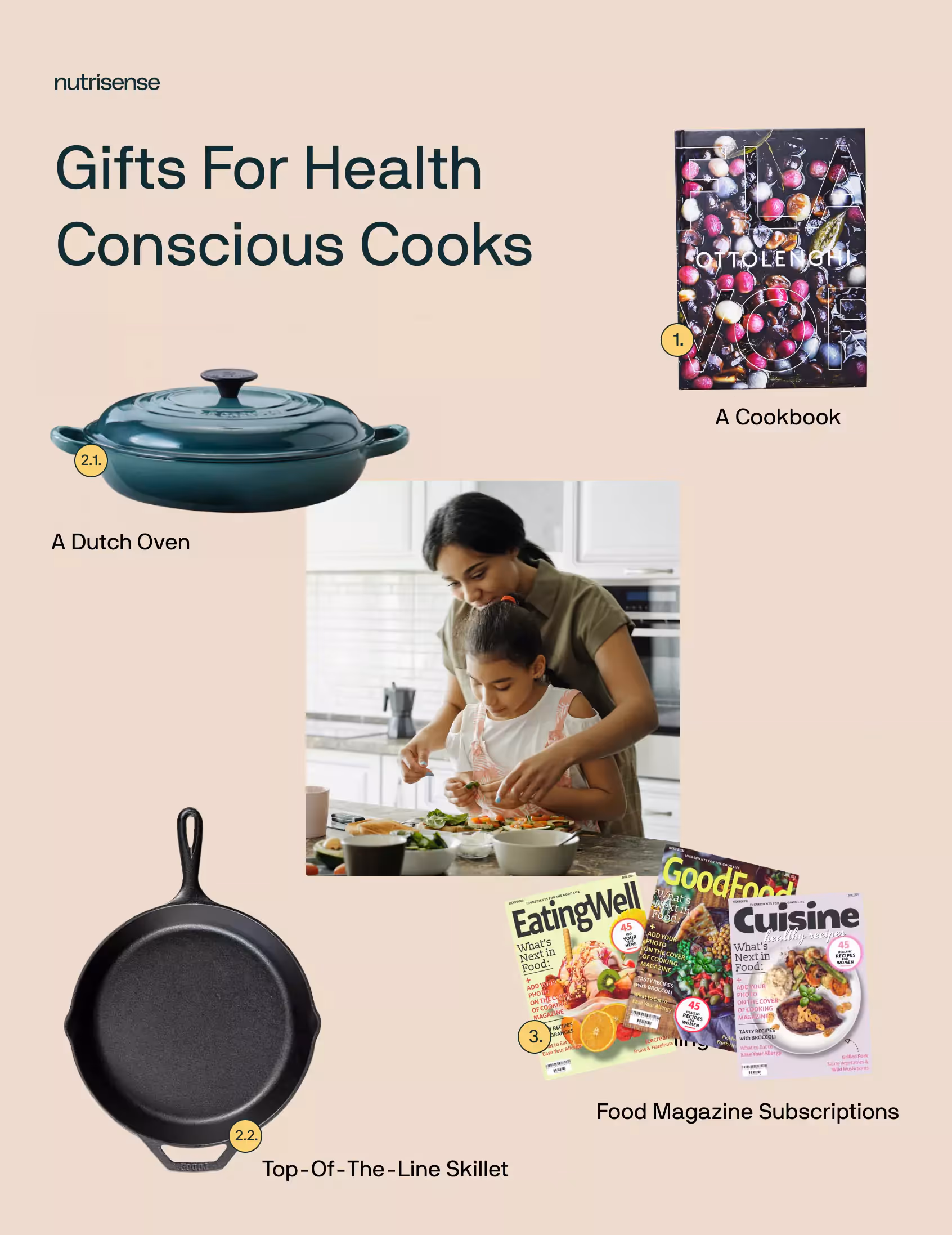 gifts For Health Conscious Cooks: a cookbook, a frying pan, Food Magazines