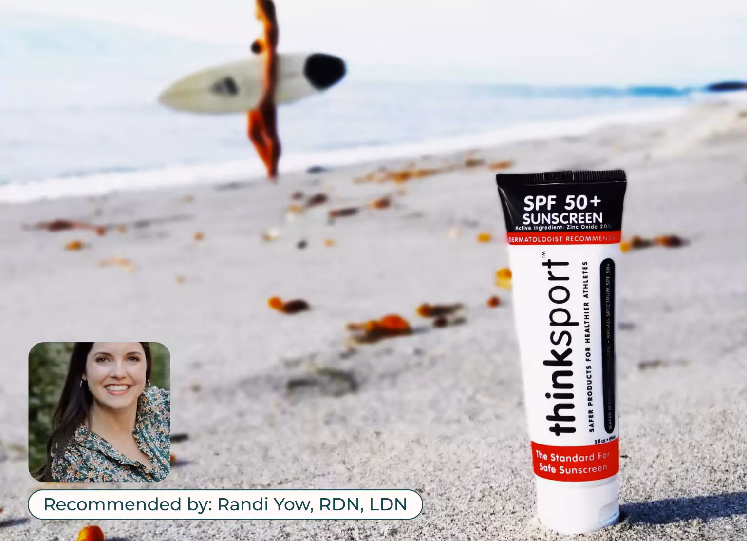 Bottle of ThinkSport sunscreen on the beach