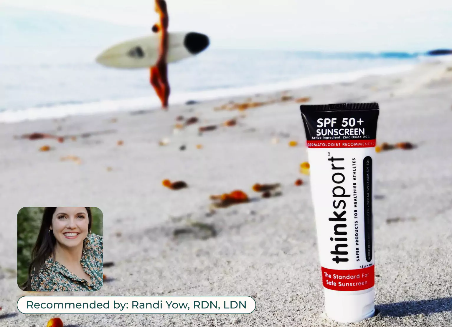 Bottle of ThinkSport sunscreen on the beach