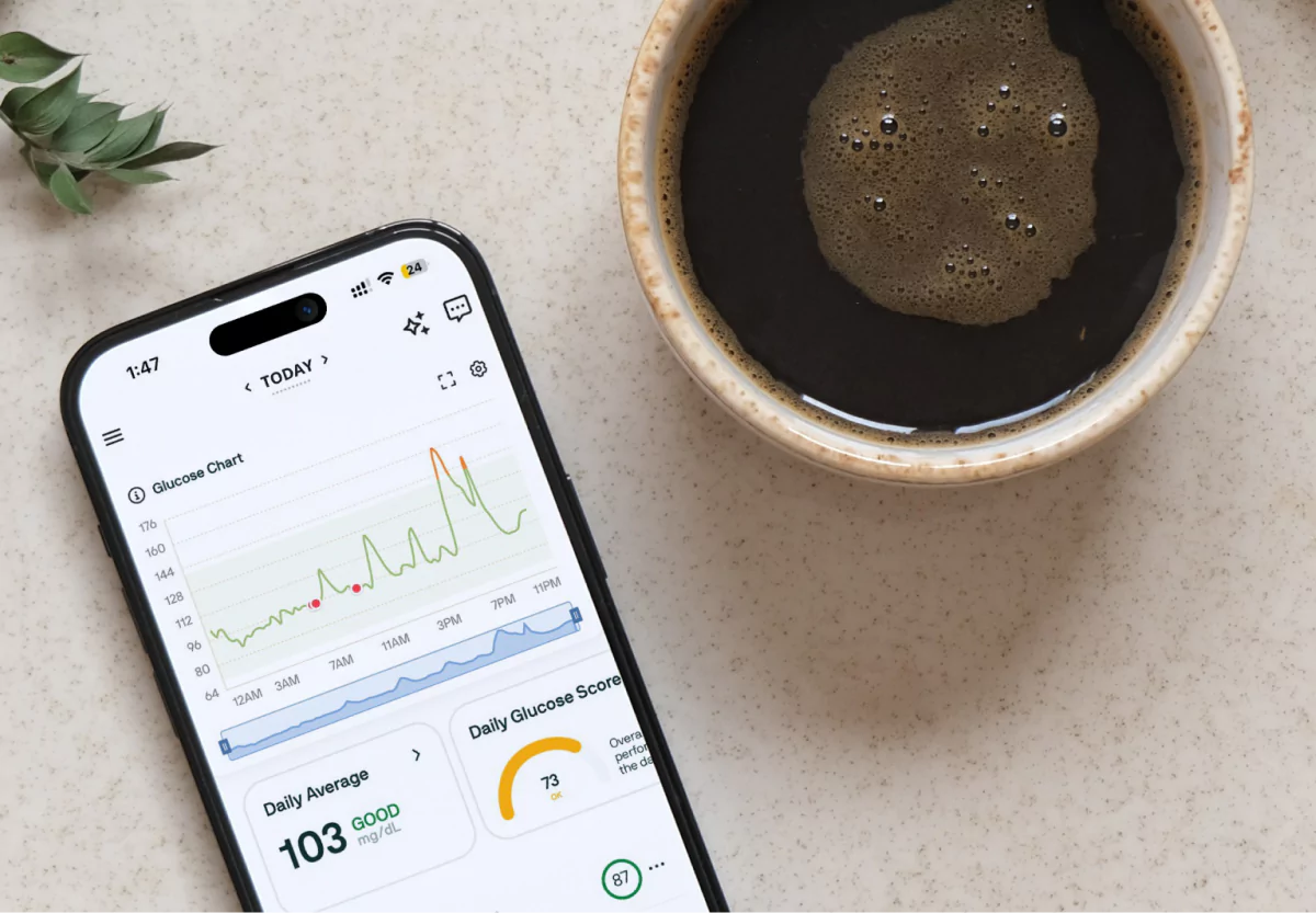 the nutrisense app and a coffee