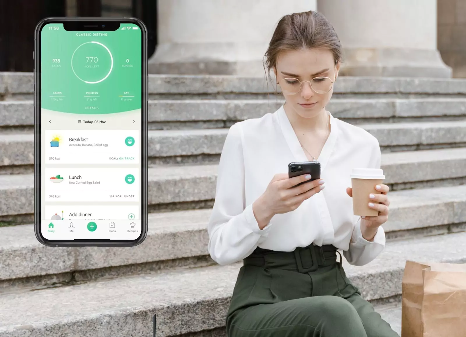 Lifesum app and a person drinking coffee and looking at their phone 