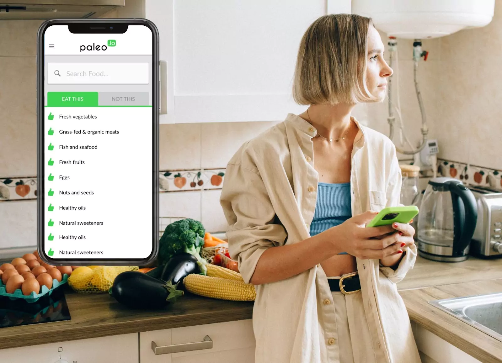 Paleo.io app and a person standing in the kitchen 
