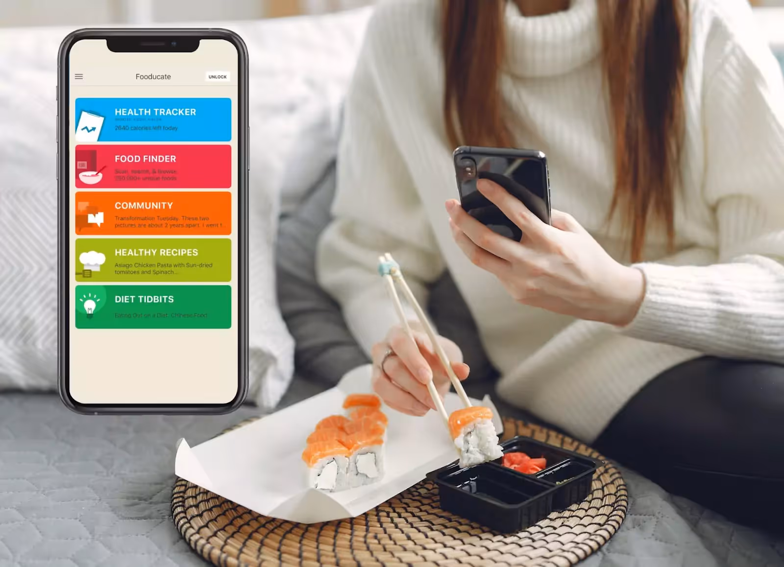 Fooducate app and a person eating sushi 