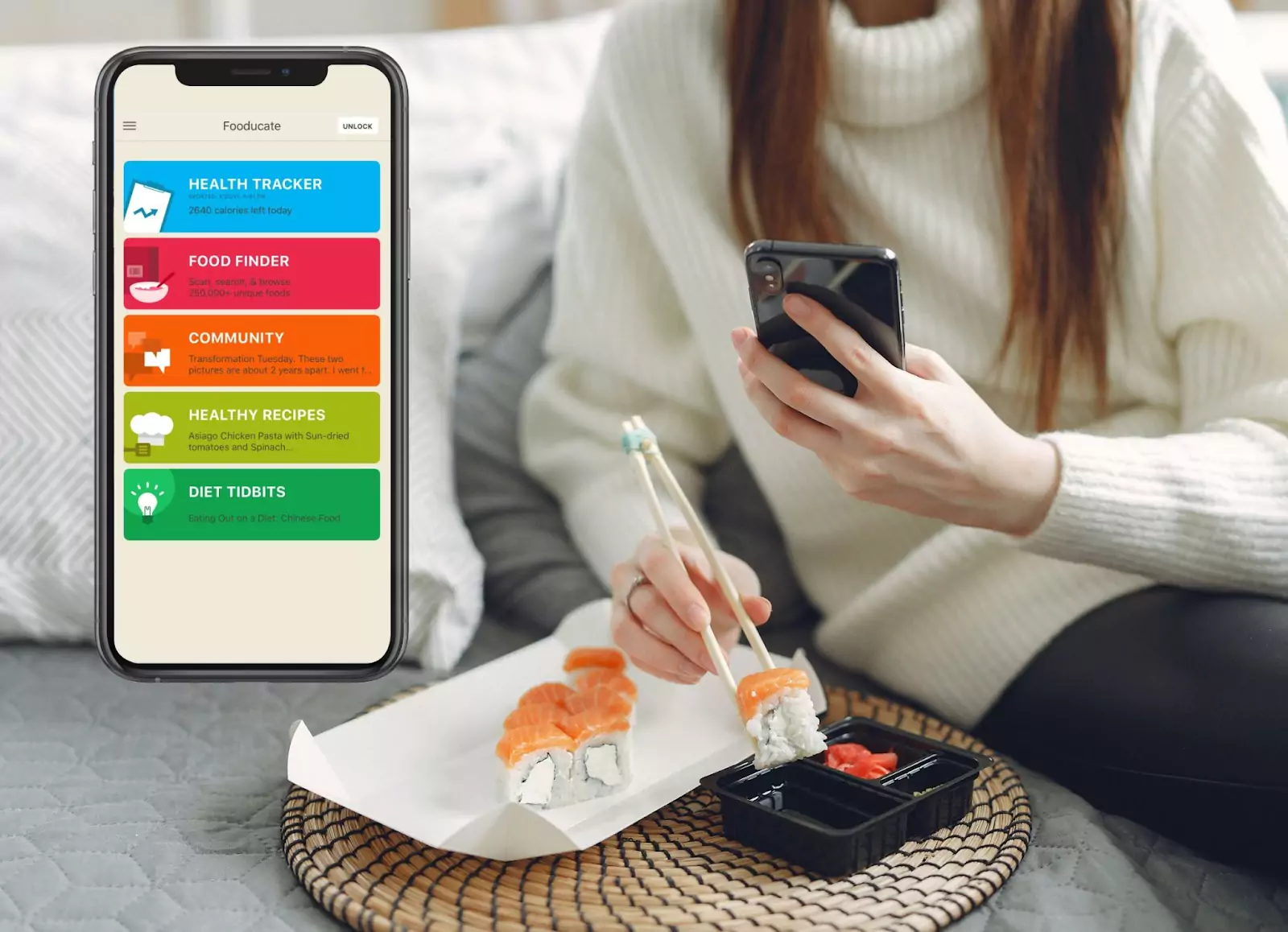 Fooducate app and a person eating sushi 