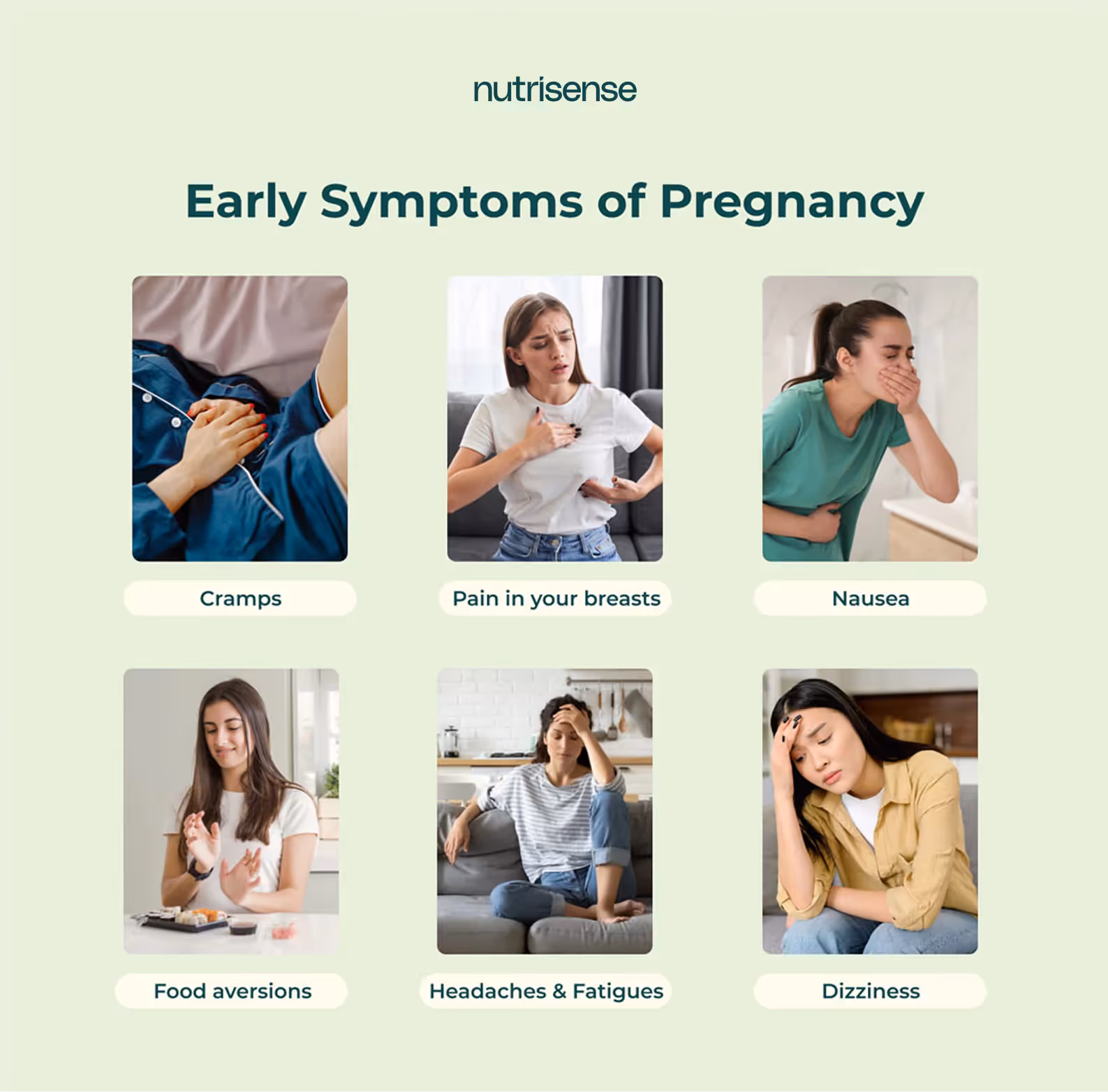Early Symptoms of Pregnancy1. Cramps2. Pain or soreness in your breasts3. Nausea4. Headaches5. Fatigues6. Food aversions7. Dizziness