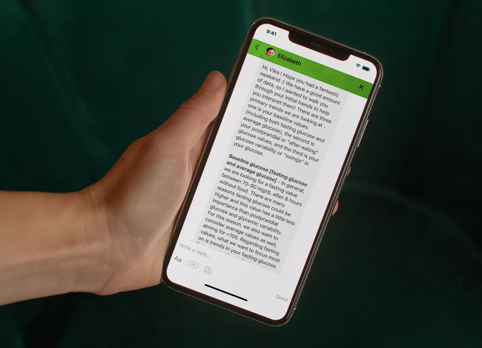 a text conversation about glucose data