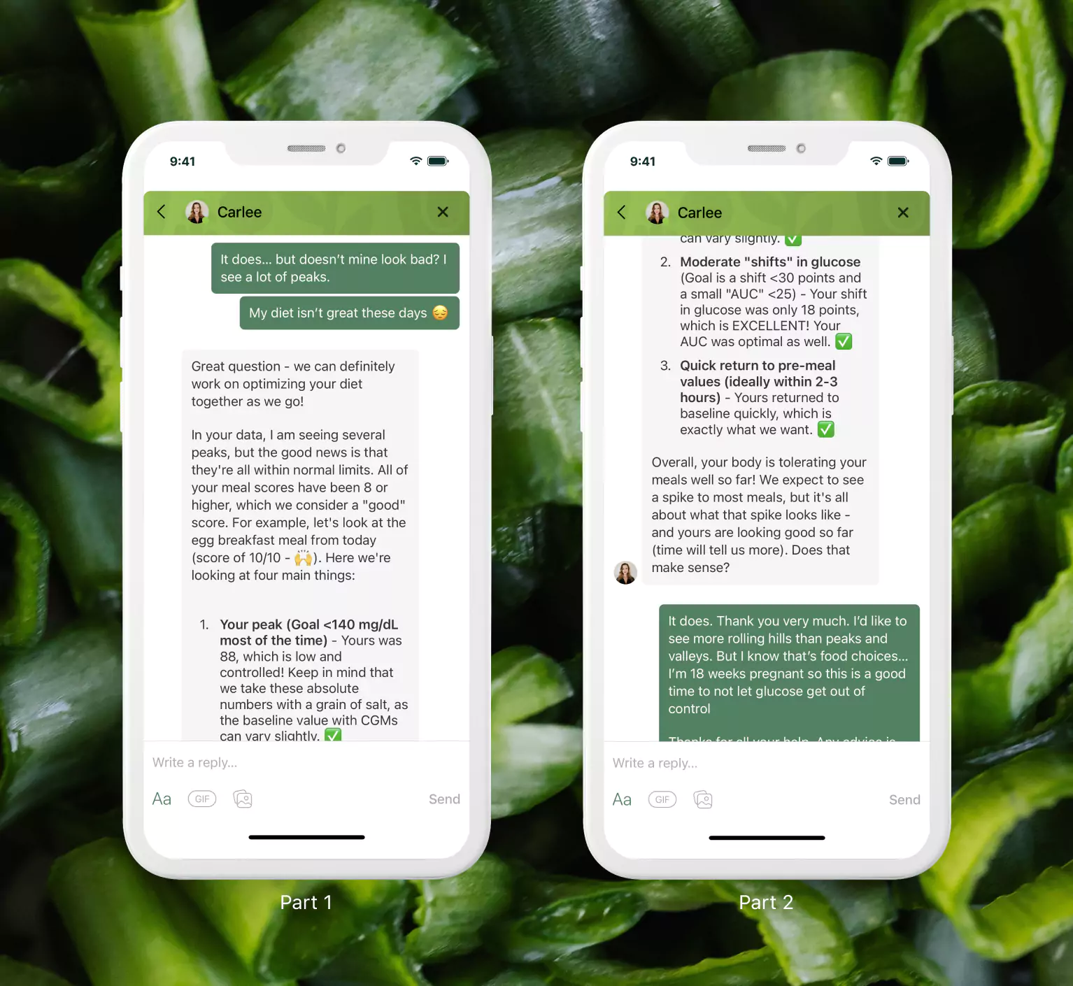 a dietitian answering questions in the app to understand glucose shifts in relation to diet using a CGM