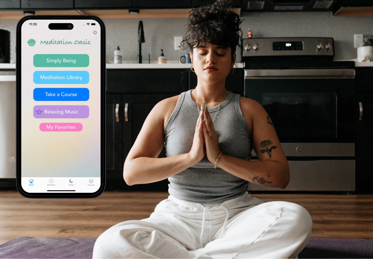 a girl meditating and the meditation oasis app