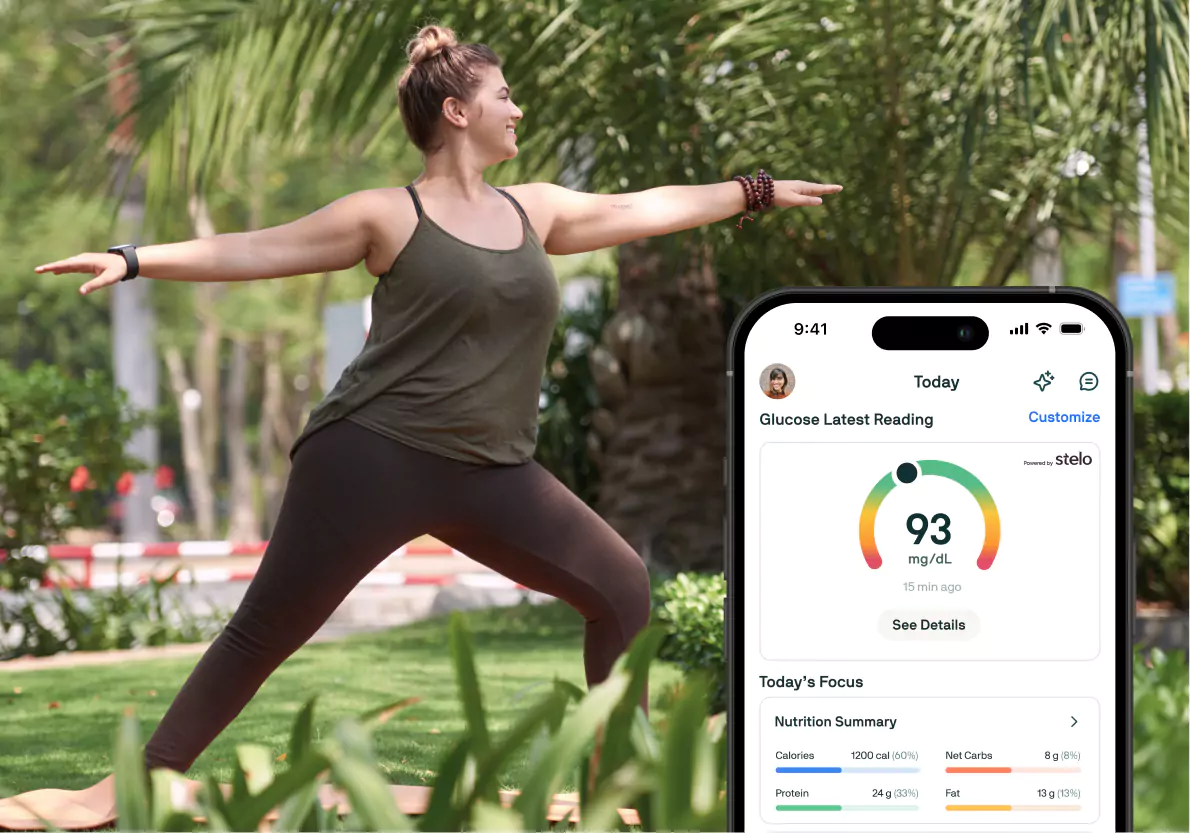 Woman stretching on mat and wearing Nutrisense CGM patch