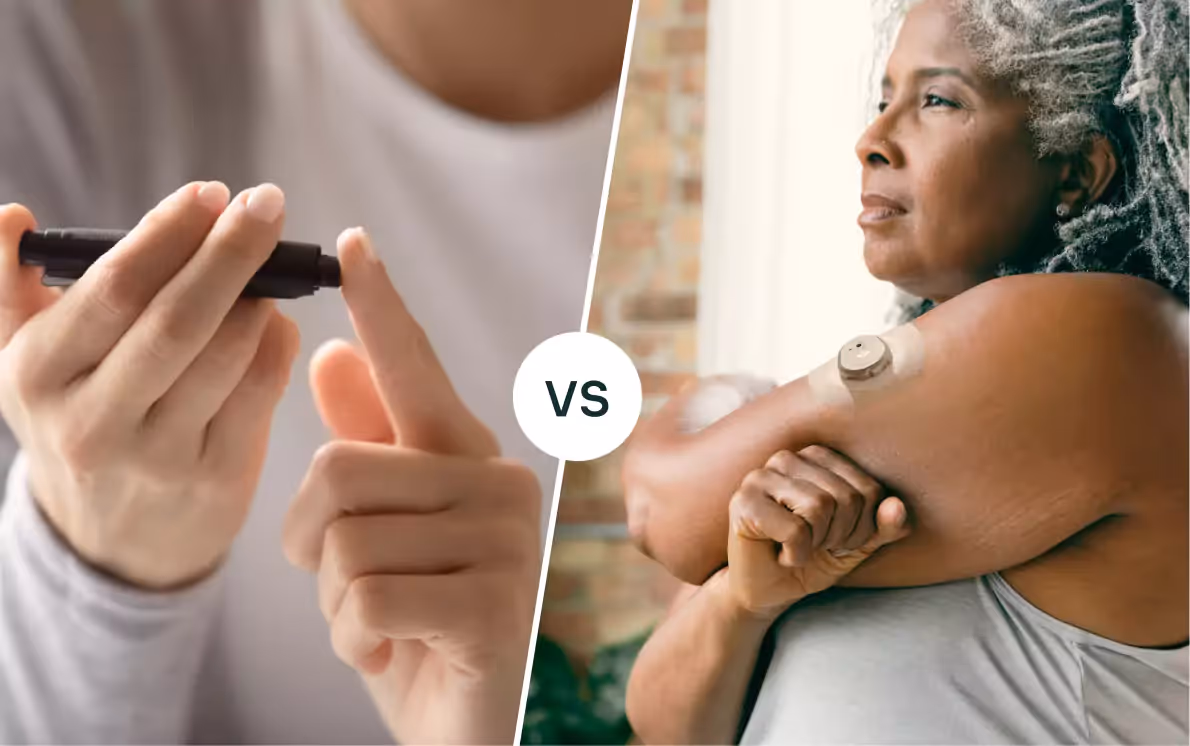 one person checking glucose level in their body using BGM and another do so using CGM