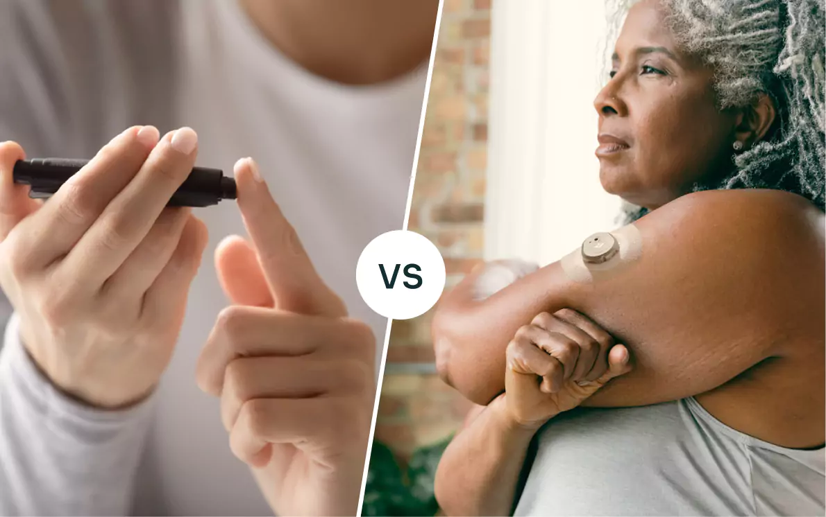 one person checking glucose level in their body using BGM and another do so using CGM
