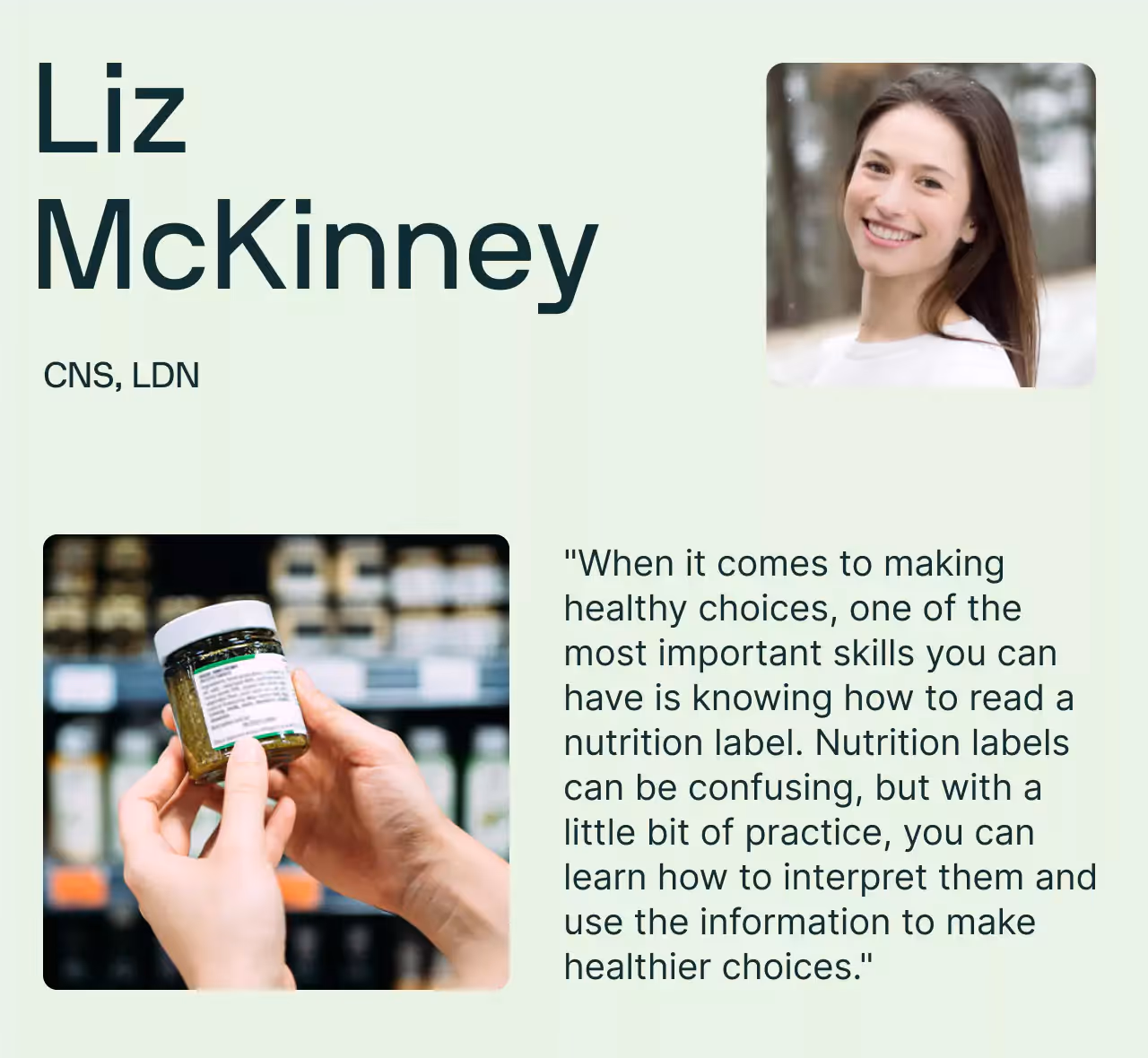 a dietitian on the right top corner; a while lady with glasses and blonde hair tied in a ponytail. The name 'Stephanie Etherington, RD, CD, CDCE' in green letters on the top left. An image of a lady's hand holding a jar with a nutritional facts label on the bottom left, with green text on the bottom right that reads “When it comes to making healthy choices, one of the most important skills you can have is knowing how to read a nutrition label. Nutrition labels can be confusing, but with a little bit of practice, you can learn how to interpret them and use the information to make healthier choices.”