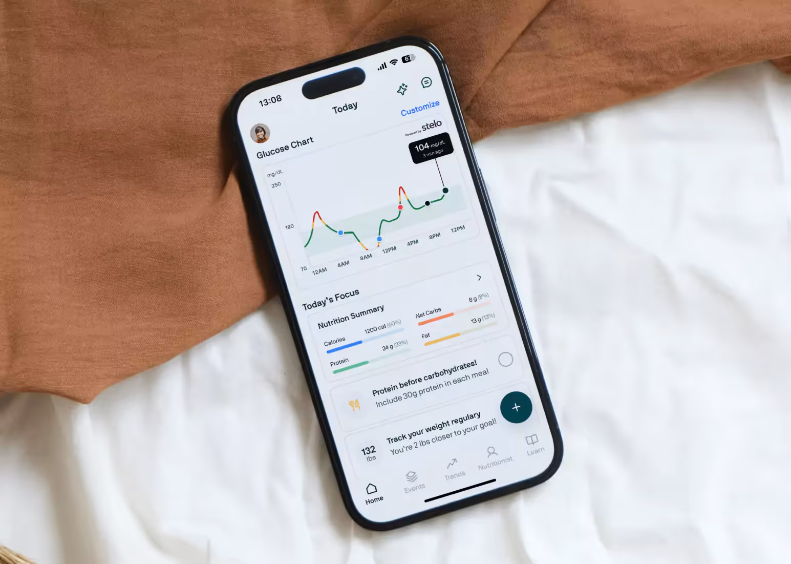 Nutrisense app showing AUC and delta levels