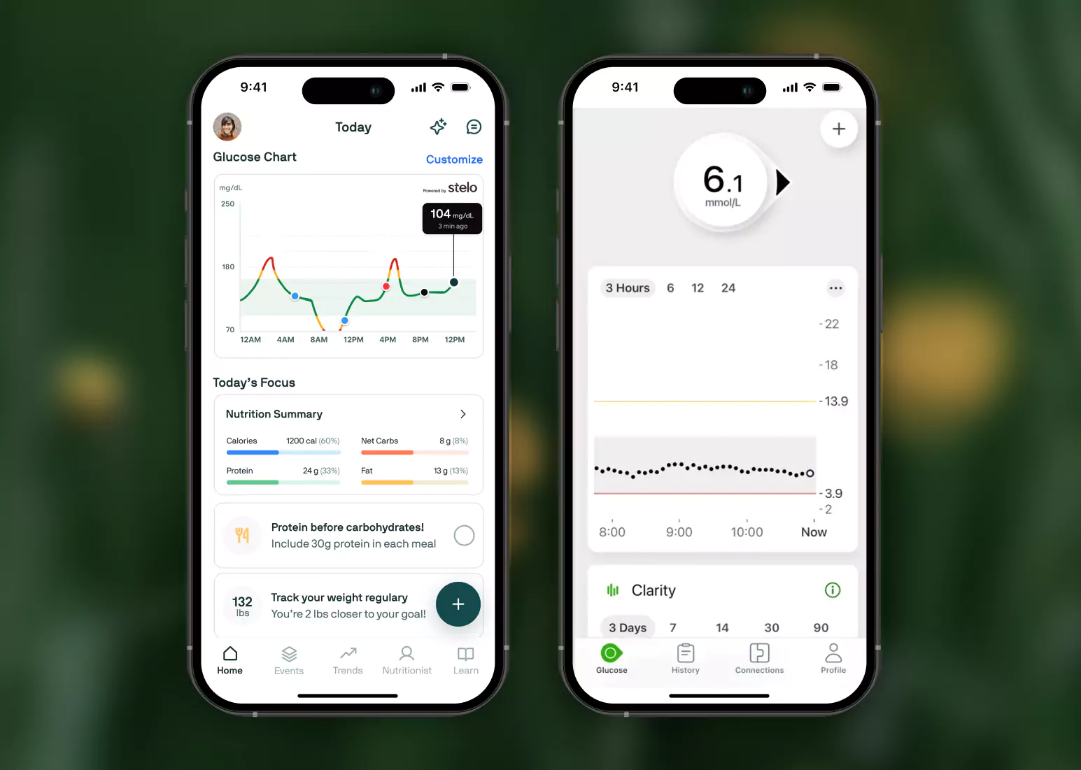 Two mobile phones with the screen facing up, one showing the Nutrisense app and the other with the Dexcom G6 Suite of Apps