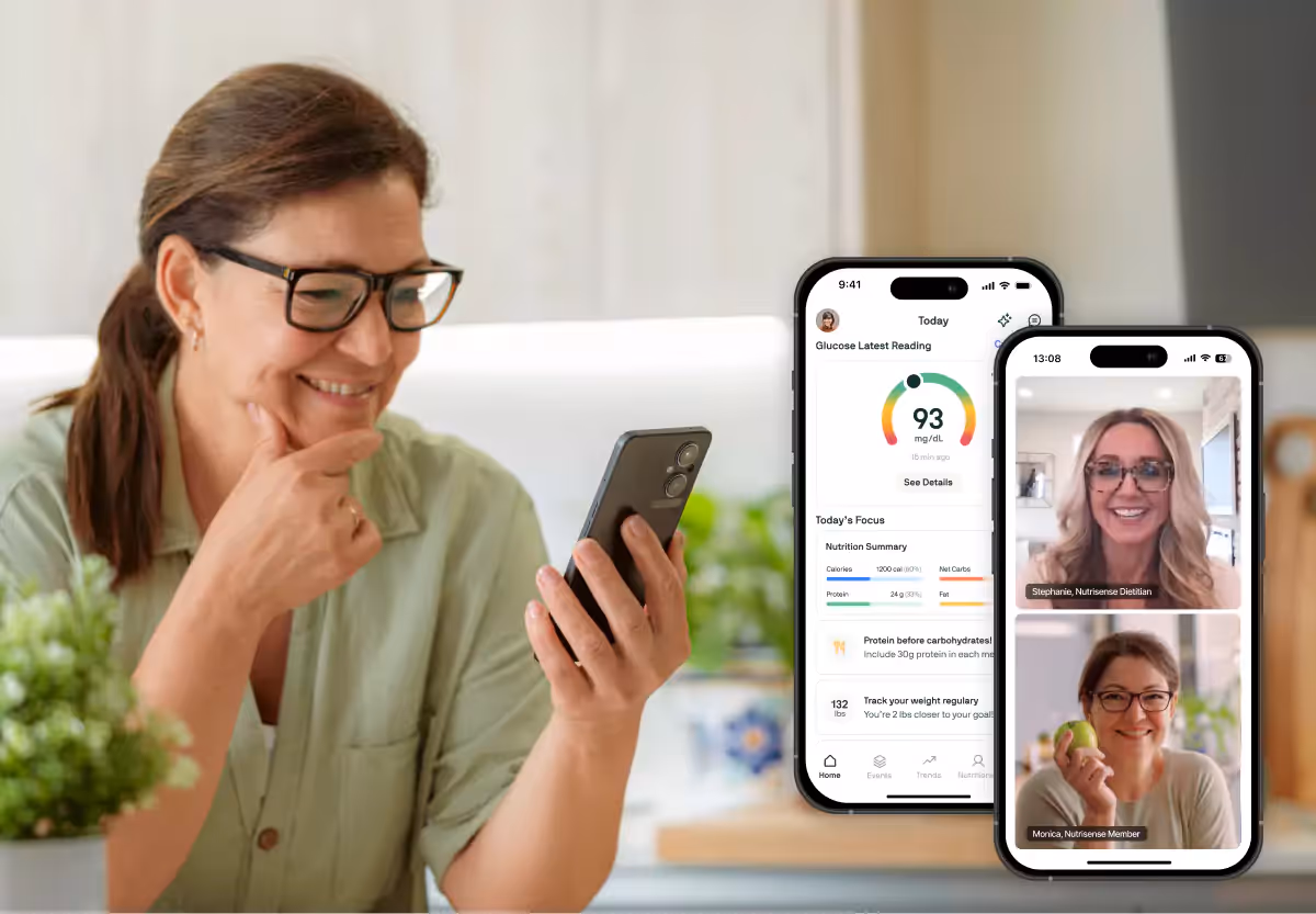 A nutrisense member chatting on a video call with her personal expert registered dietitian, with app screen and call screen overlaid on image