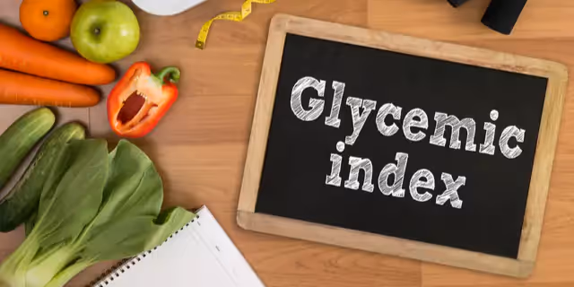 veggies and a board with words "Glycaemic index" 