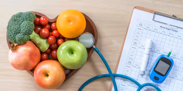 a heart-shaped plate of fits and veggies, a notebook, a glucose monitor and a stethoscope