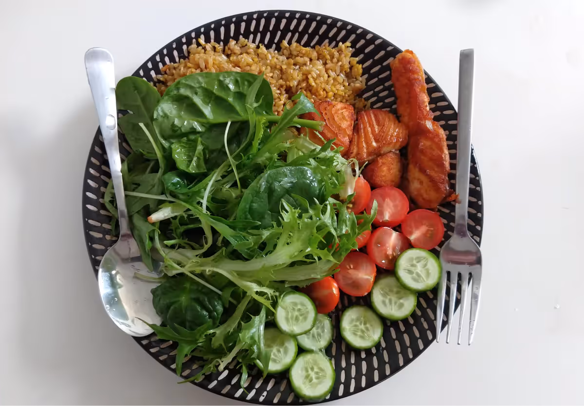a plate of grilled salmon, rice, and salad