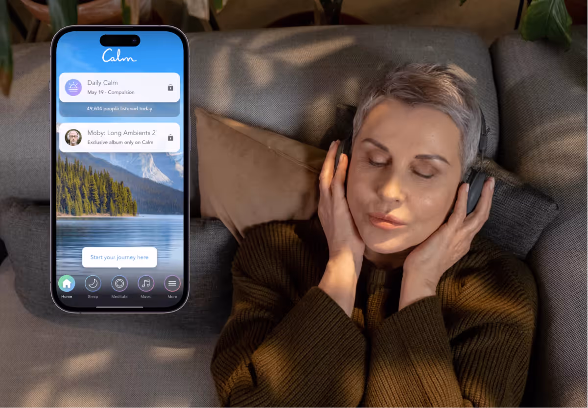 the Calm app and someone listening to a meditation