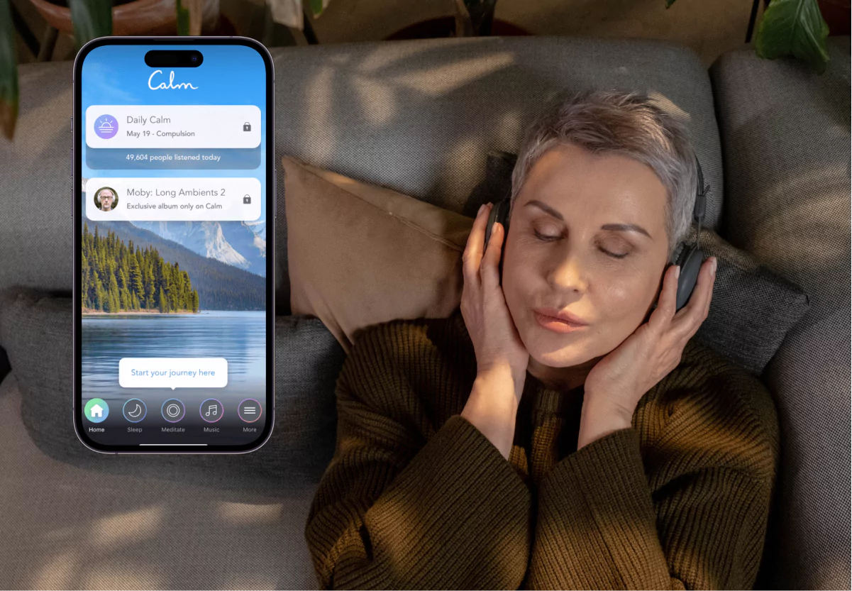 the Calm app and someone listening to a meditation