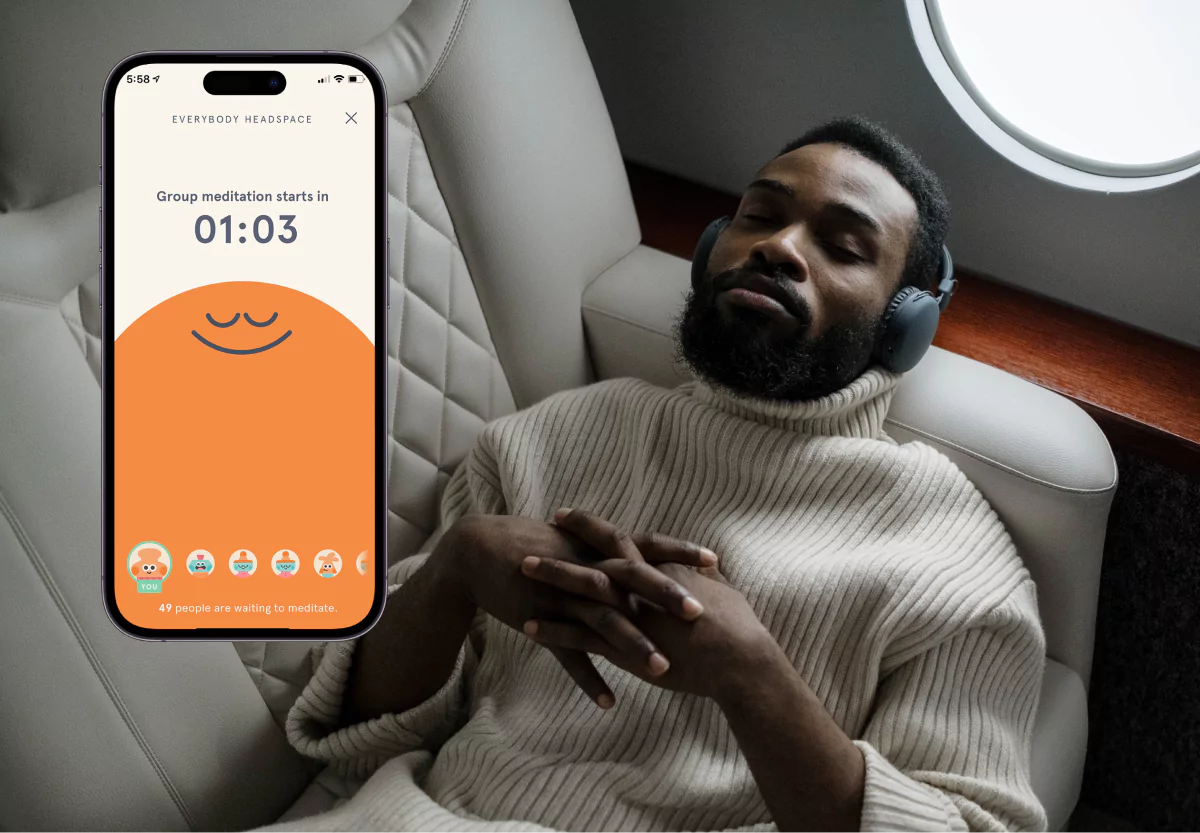 the Headspace app and someone with headphones laying down