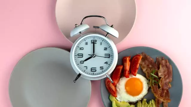 two empty plate and a plate of bacon, a fried egg, avocado and tomatoes and a clock