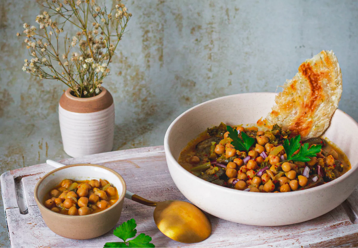 a bowl of curried chickpeas