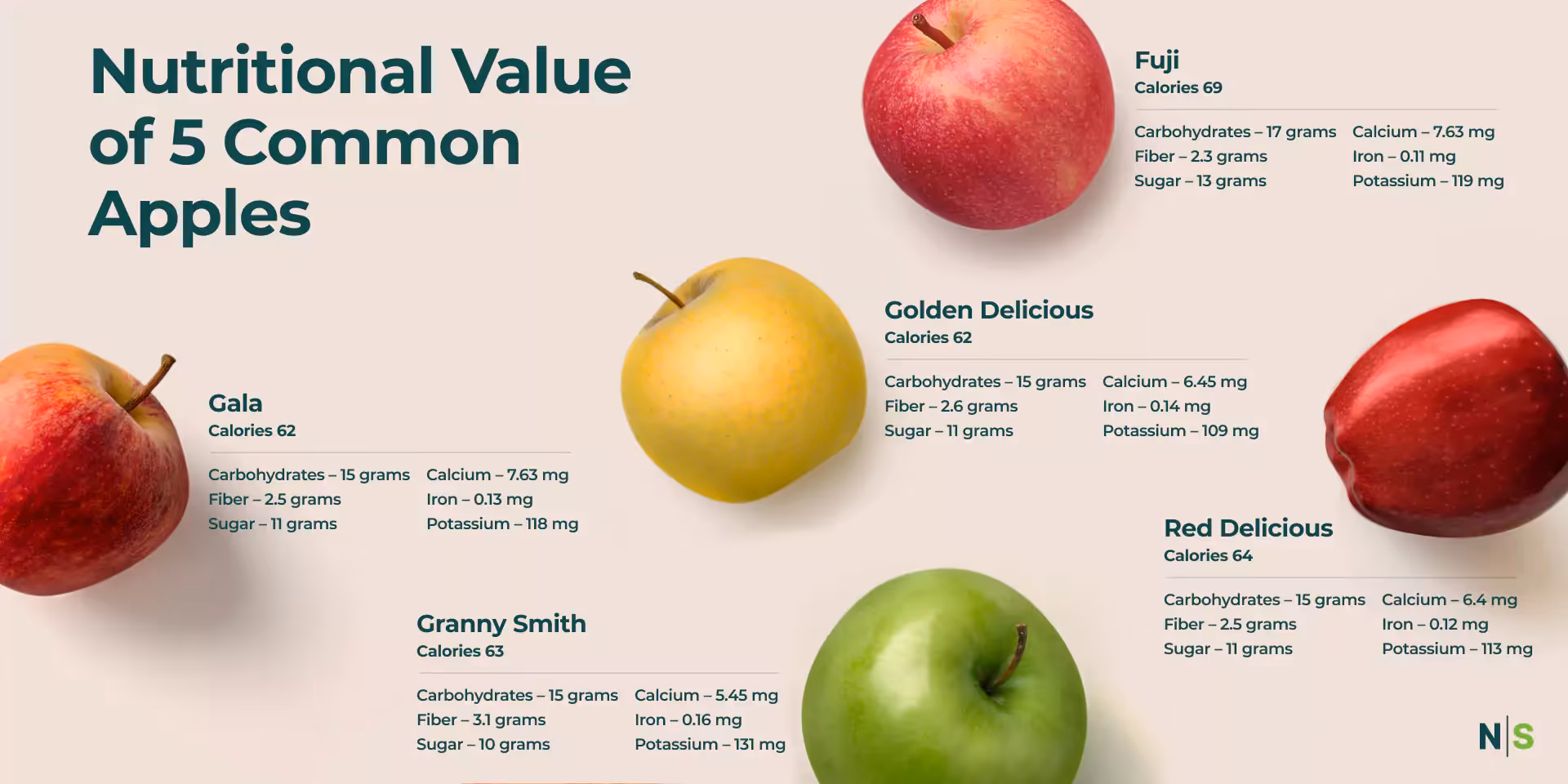 Nutritional value of 5 common apples diagram