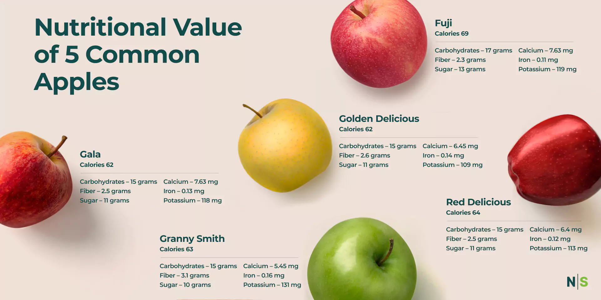 Nutritional value of 5 common apples diagram