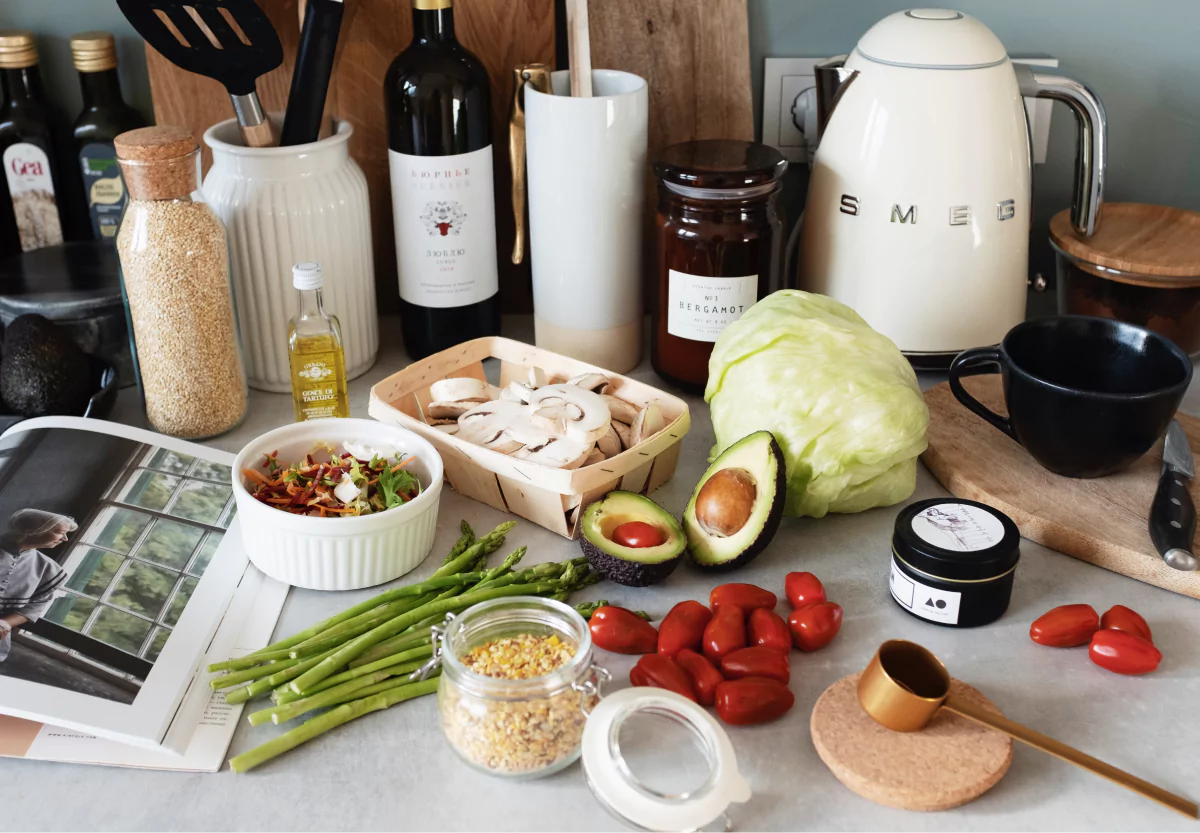 brown rice, veggies, and other kitchen utensils