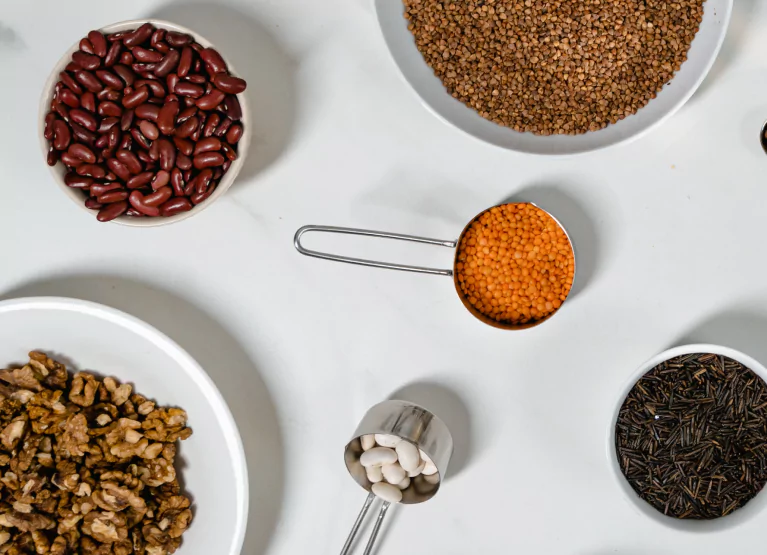 different plates ull of legumes, nuts, and grains