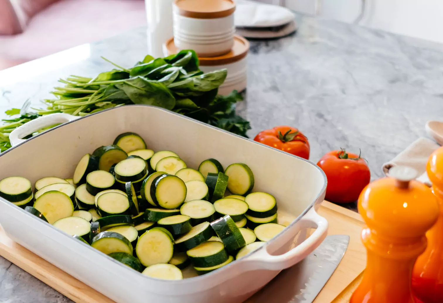 cut up zucchini in a pan