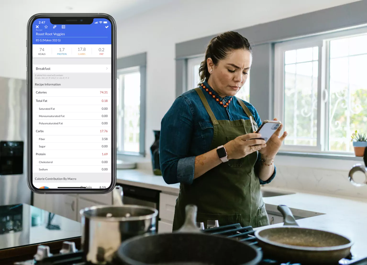 Someone entering their diet into an app with the MyMacros+ app open on a mobile on the left