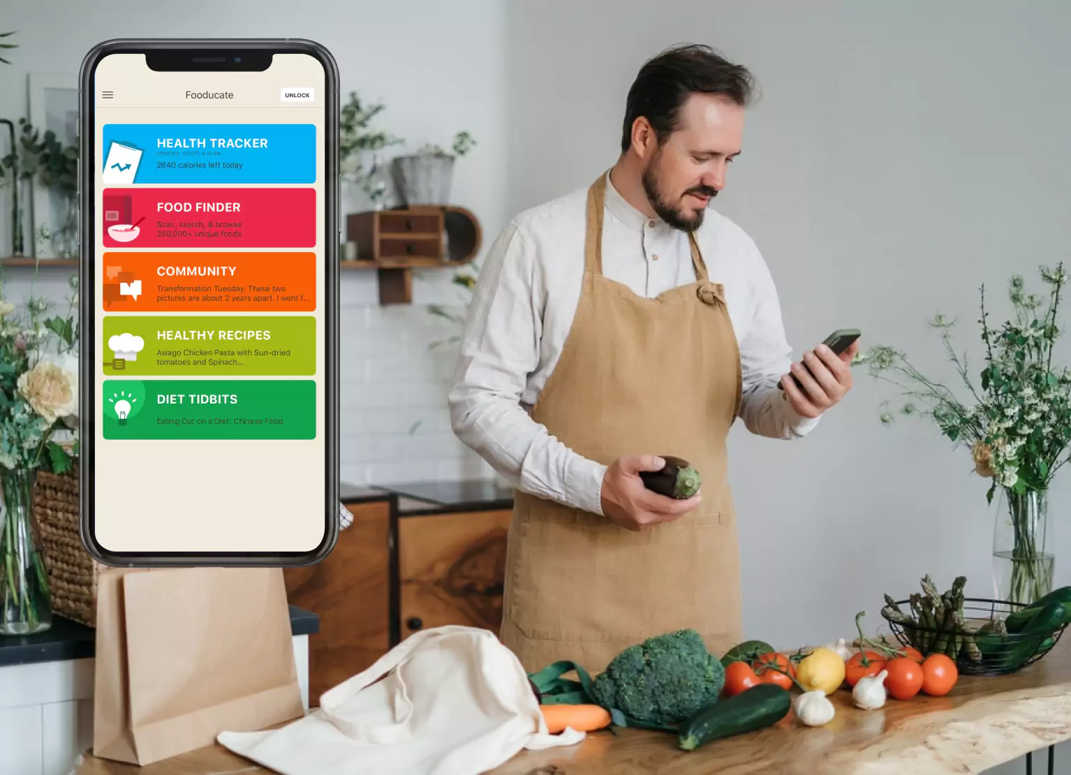 A chef reading about food data while cooking