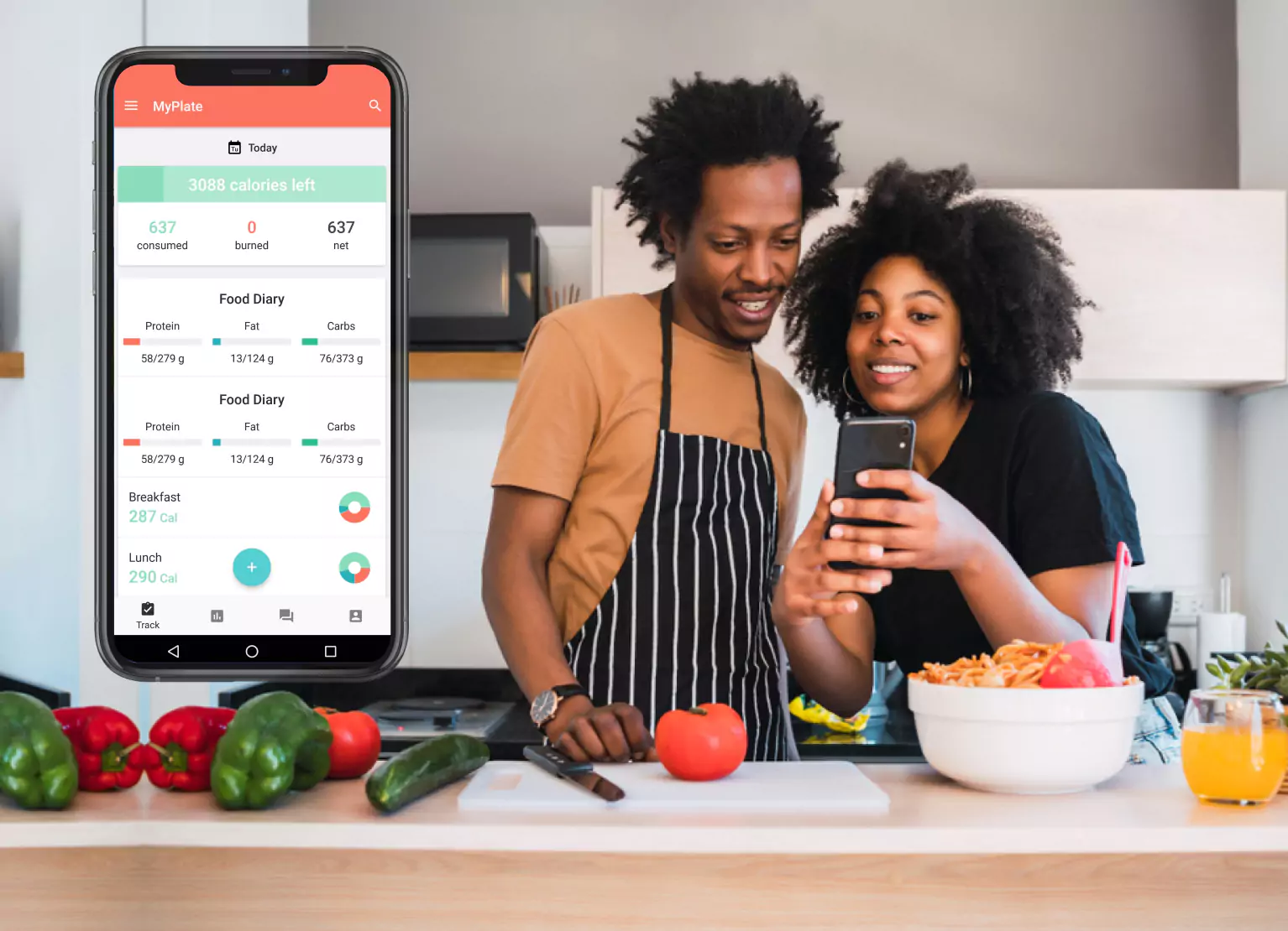 Two people looking at their food diary with the MyPlate Calorie Counter open on a mobile on the left