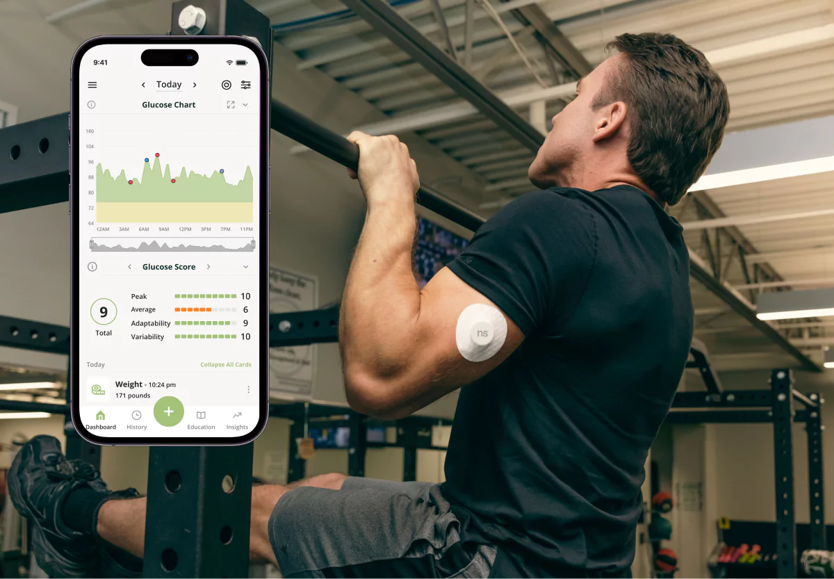a man doing a pull up and a screenshot of the nutrisense app