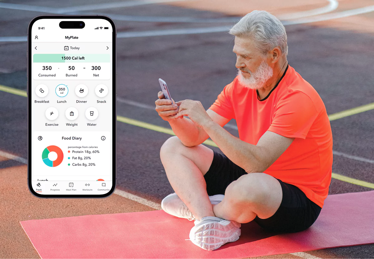 a screenshot of the myplate app and a man at the track