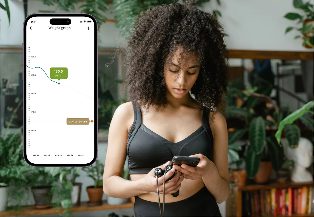 a screenshot of the noom app and a woman at the gym